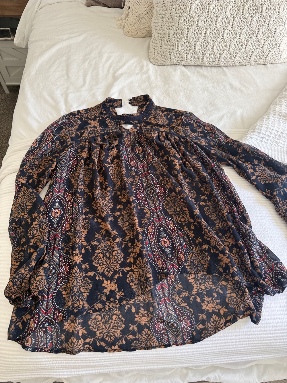 Boho Floral Print Tie-Neck Blouse - Black & Brown